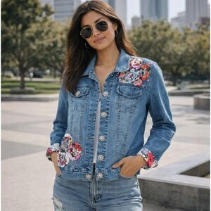 The Collective Works Of Berek 2 Denim Jean Jacket Floral Rhinestones Coat Size S